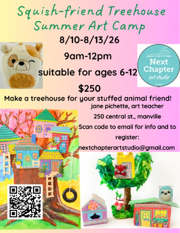 Squish-friend Treehouse Summer Art Camp flyer from Next Chapter Art Studio